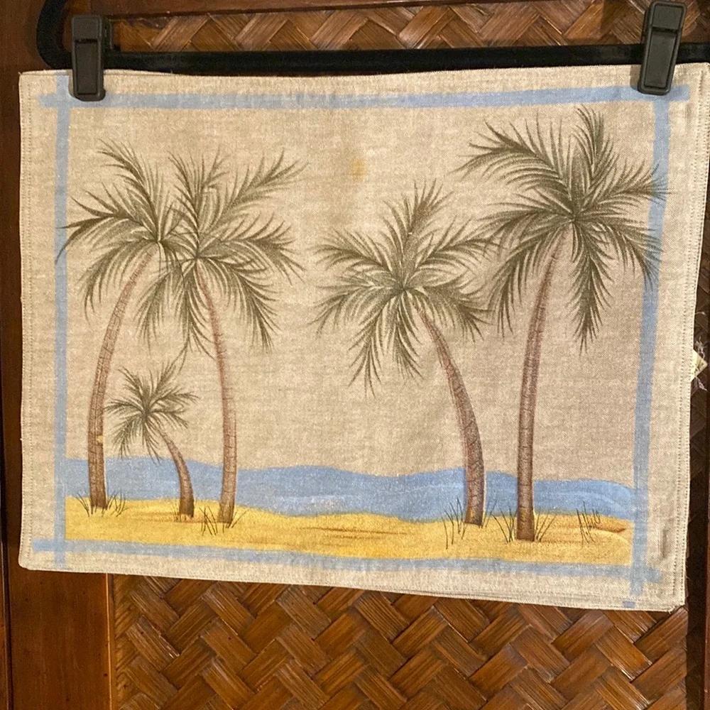 Palm Tree Beach Print Kitchen Towel in Beige and Blue
